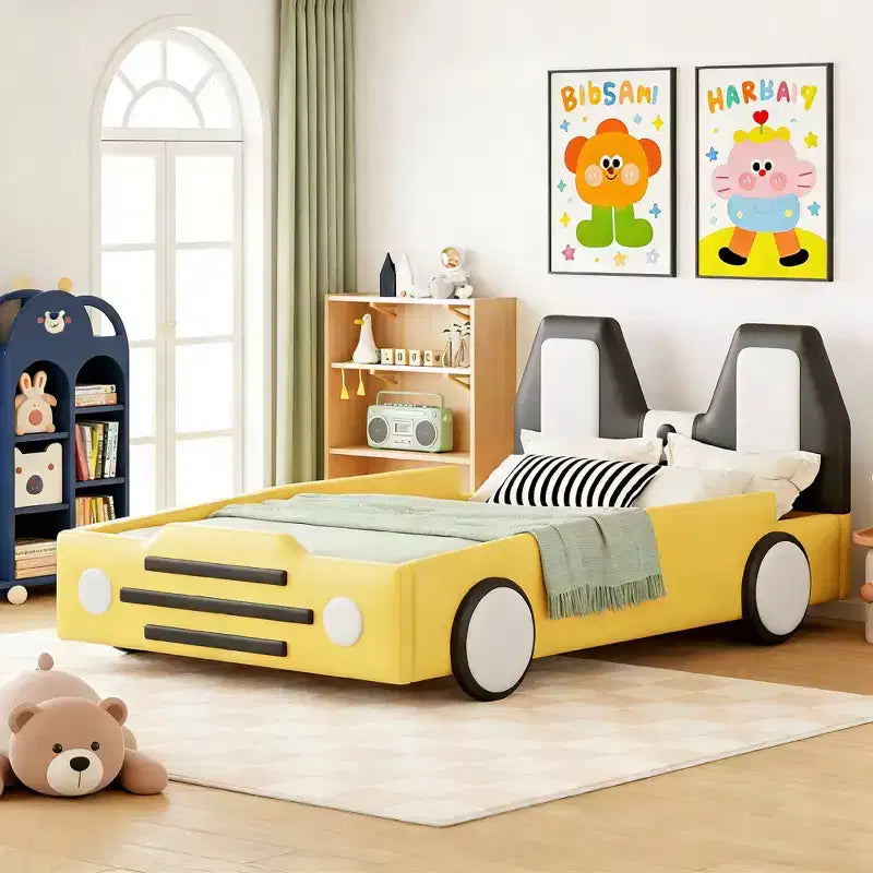 Lit plateforme double en forme de voiture de course avec garde-corps pour chambre d'enfant