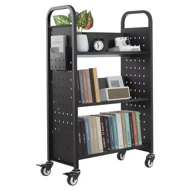 Rolling Library Book Cart with V-Shaped 3-Tier Shelves, 330 lbs Capacity & Lockable Wheels