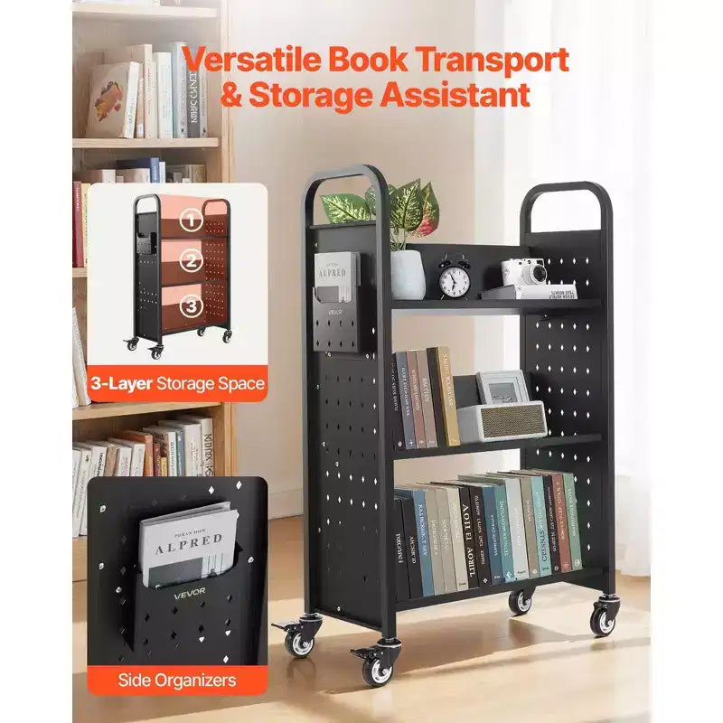 Chariot de bibliothèque roulant avec étagères à 3 niveaux en V, capacité de 150 kg et roues verrouillables