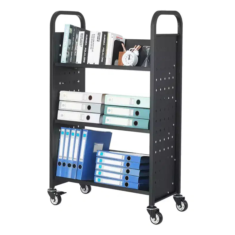 Chariot de bibliothèque roulant avec étagères à 3 niveaux en V, capacité de 150 kg et roues verrouillables
