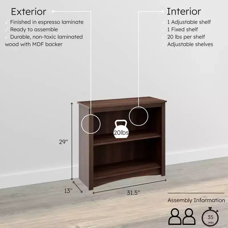 Bibliothèque 2 Étagères Espresso 29" - Étagères Réglables, Finition Stratifiée, Bois Composite, Capacité 18 kg