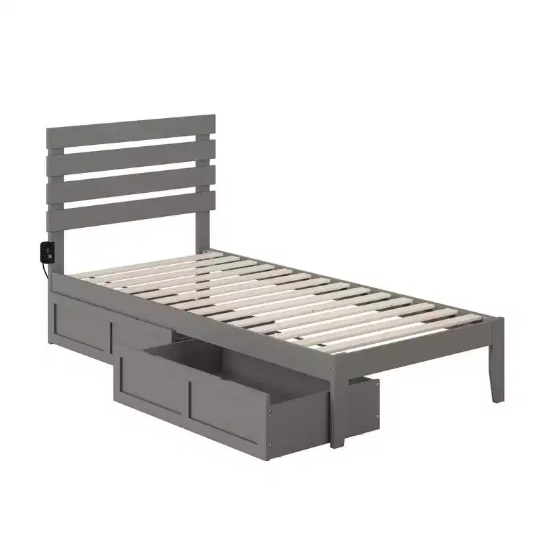 Lit Oxford double avec chargeur USB Turbo et 2 tiroirs XL gris – Cadre en bois massif, fini peint, capacité de 272 kg