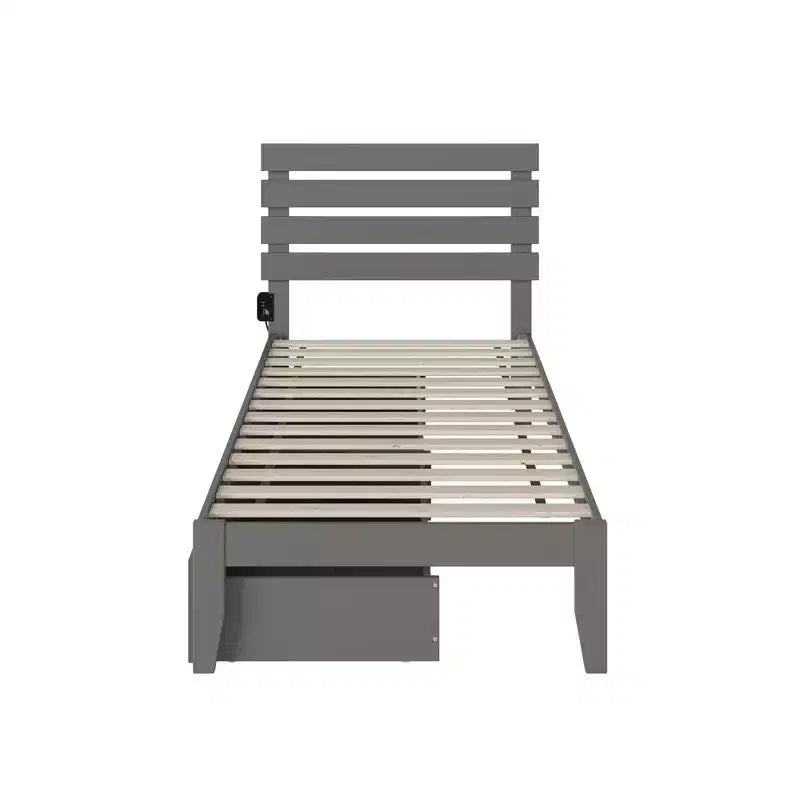 Lit Oxford double avec chargeur USB Turbo et 2 tiroirs XL gris – Cadre en bois massif, fini peint, capacité de 272 kg