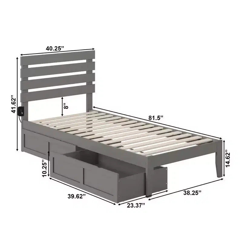 Lit Oxford double avec chargeur USB Turbo et 2 tiroirs XL gris – Cadre en bois massif, fini peint, capacité de 272 kg