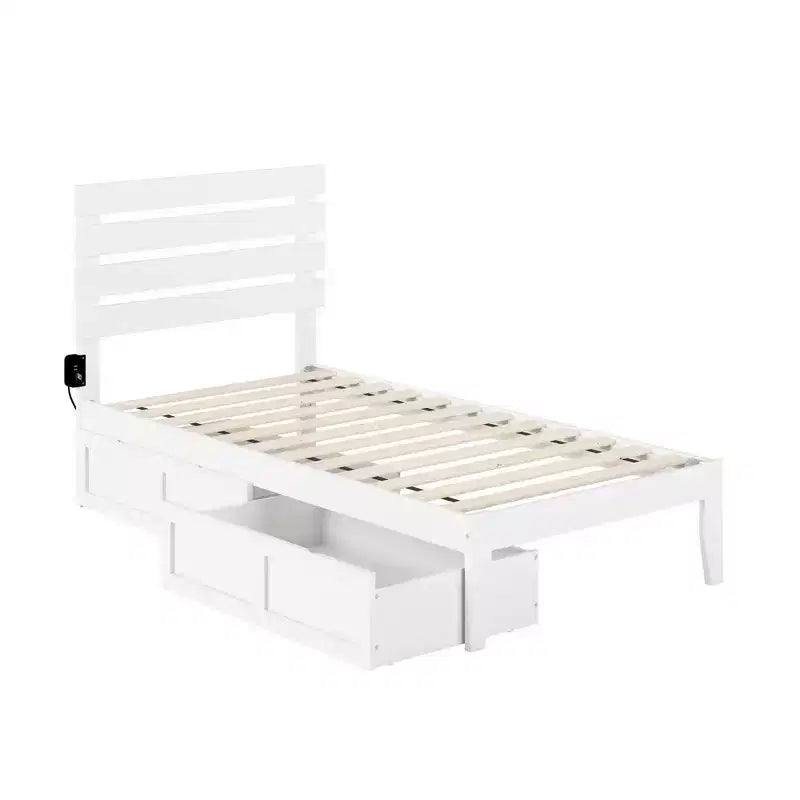 Lit double Oxford avec chargeur USB turbo : 2 tiroirs sous le lit, pas de sommier tapissier requis