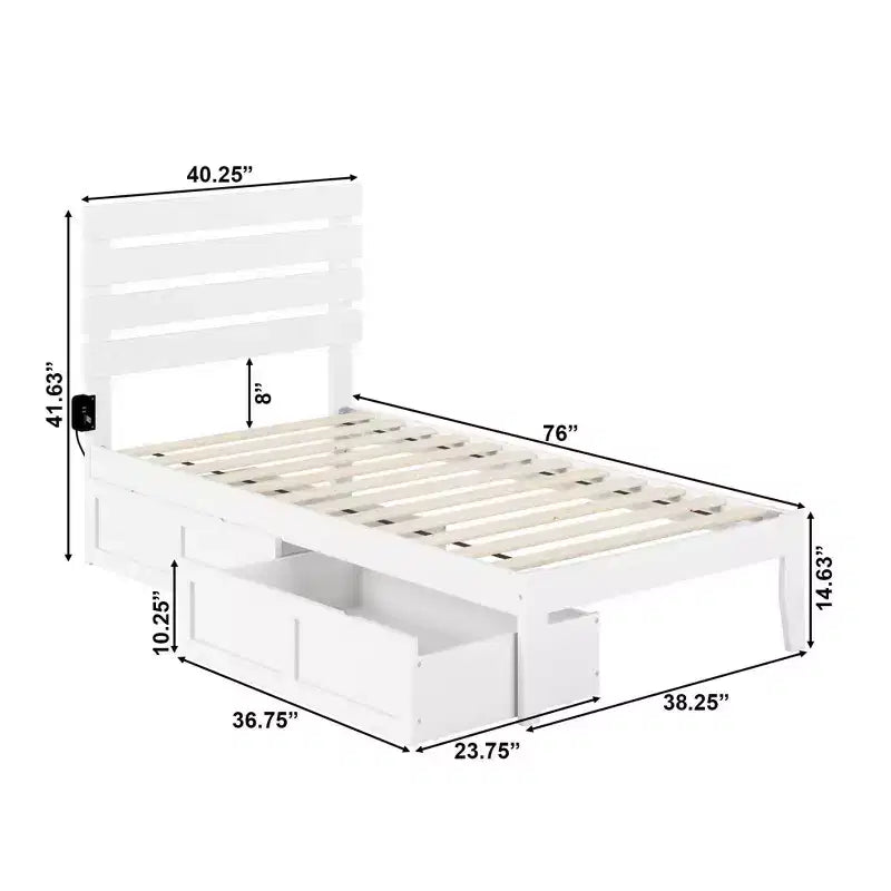 Lit double Oxford avec chargeur USB turbo : 2 tiroirs sous le lit, pas de sommier tapissier requis